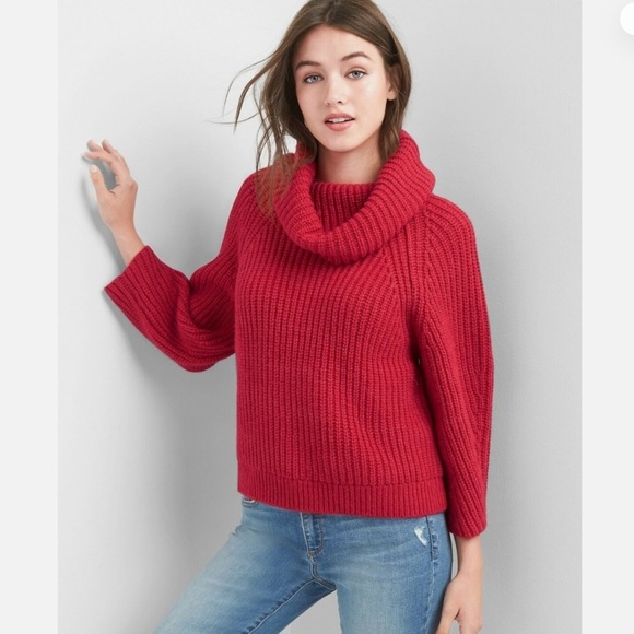 GAP Wool Alpaca Chunky Oversized Roll Cowl Turtle Neck Knit Pullover Sweater Red - Picture 8 of 8